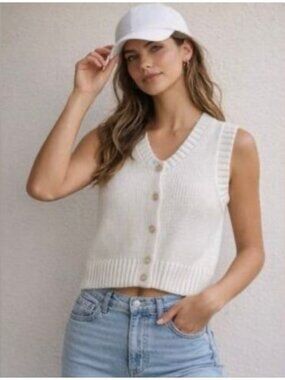 Song of Style Aimee Song Ivory Knit Sweater Sleeveless Tank Vest Button Front XS
